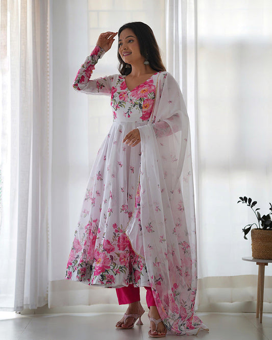 WHITE ORGANZA SILK FLORAL PRINT ANARKALI SUIT SET OF 3