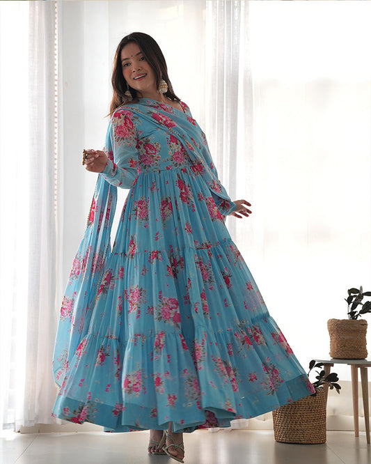 SKY BLUE COLOR GEORGETTE THREE LAYER RUFFLE STYLE ANARKALI SUIT SET OF 3
