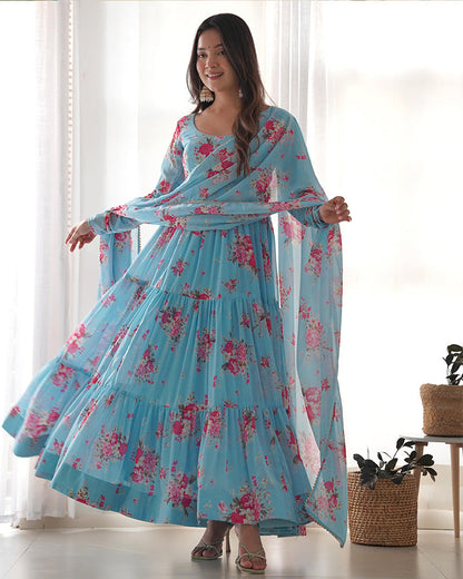 SKY BLUE COLOR GEORGETTE THREE LAYER RUFFLE STYLE ANARKALI SUIT SET OF 3