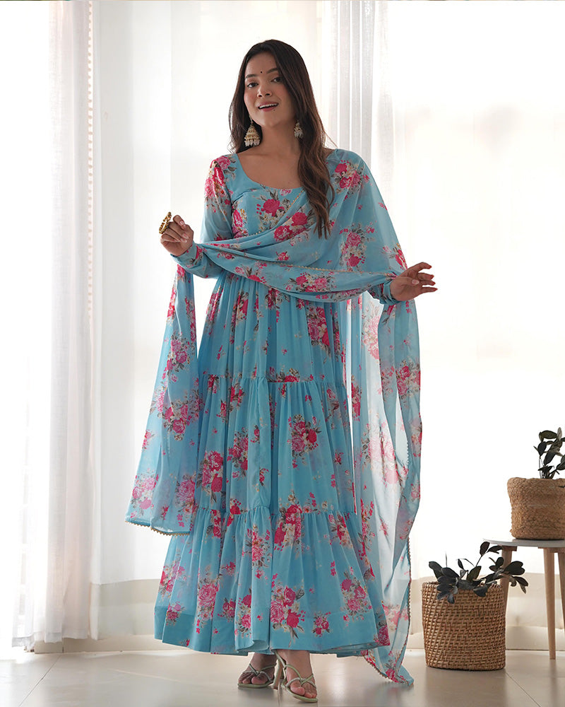 SKY BLUE COLOR GEORGETTE THREE LAYER RUFFLE STYLE ANARKALI SUIT SET OF 3