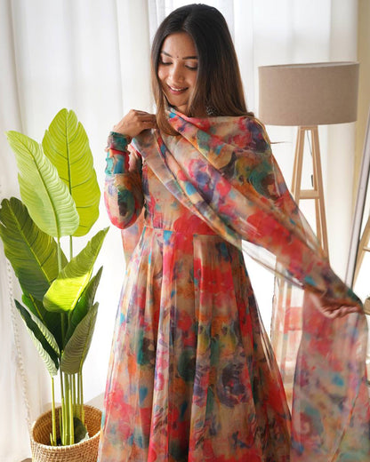 RED MULTI COLOR PRINT ORGANZA ANARKALI SUIT SET OF 3