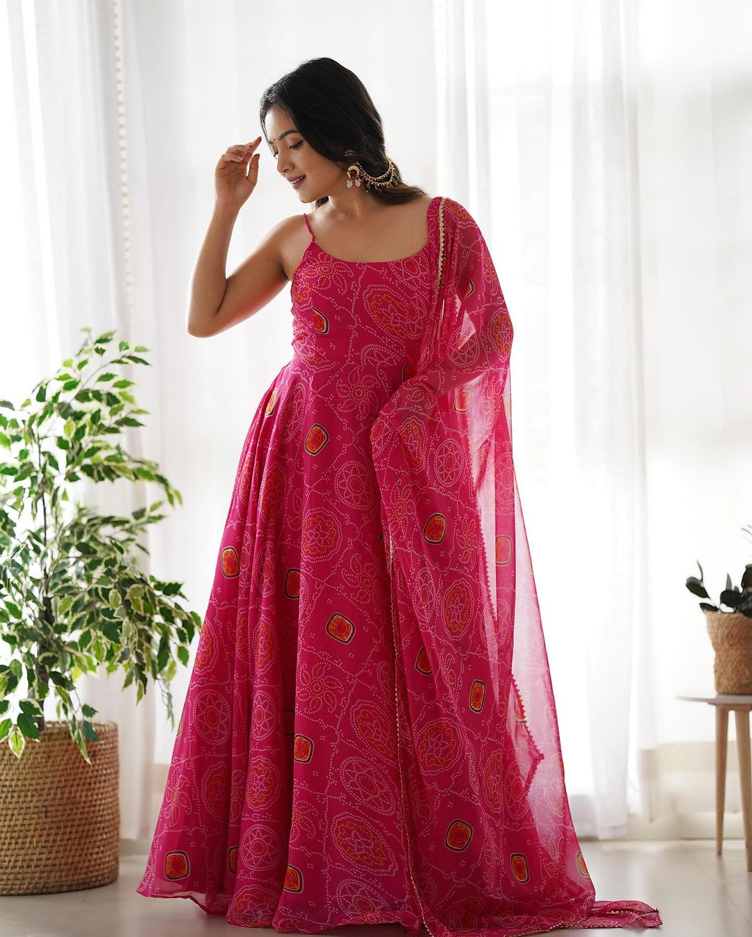 FLORAL PINK COLOR BANDHANI PRINT SOFT CHIFFON ANARKALI GOWN