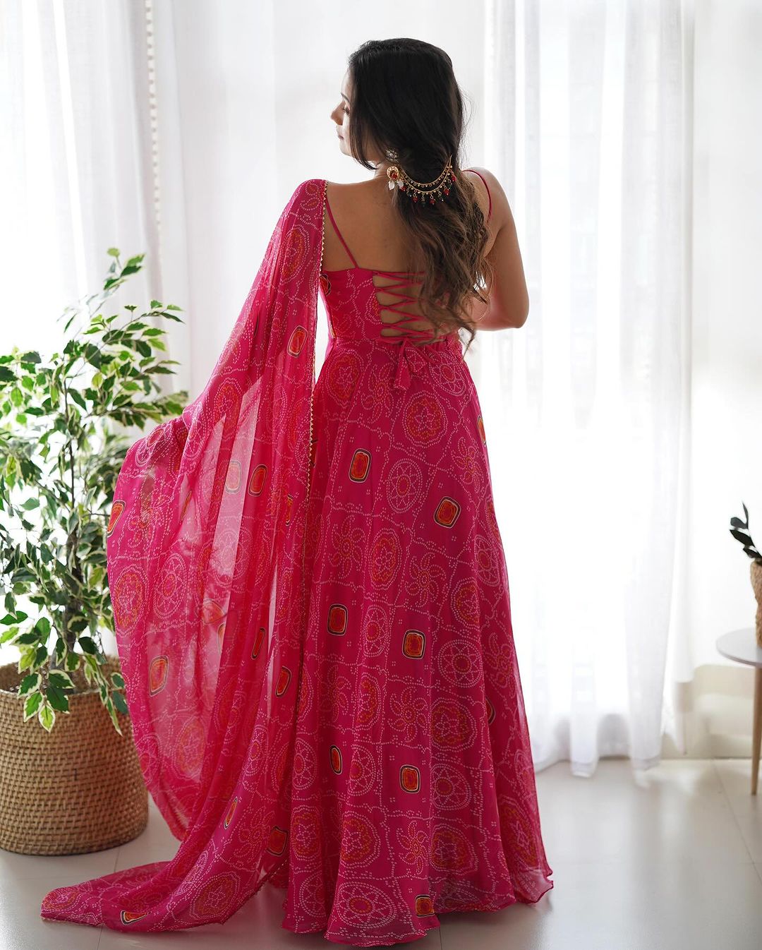 FLORAL PINK COLOR BANDHANI PRINT SOFT CHIFFON ANARKALI GOWN
