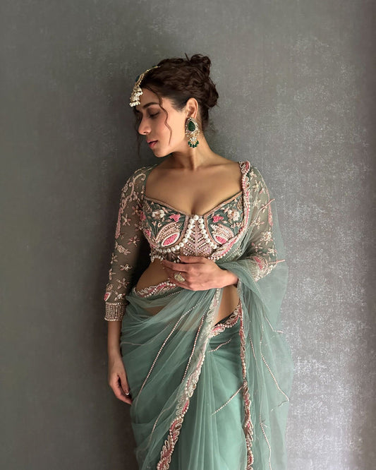DUSKY TURQUOISE EMBROIDERED NET SAREE WITH BLOUSE