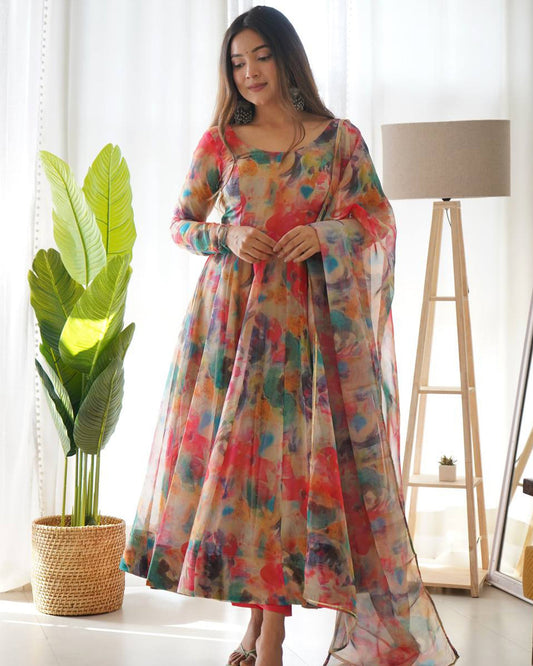 RED MULTI COLOR PRINT ORGANZA ANARKALI SUIT SET OF 3