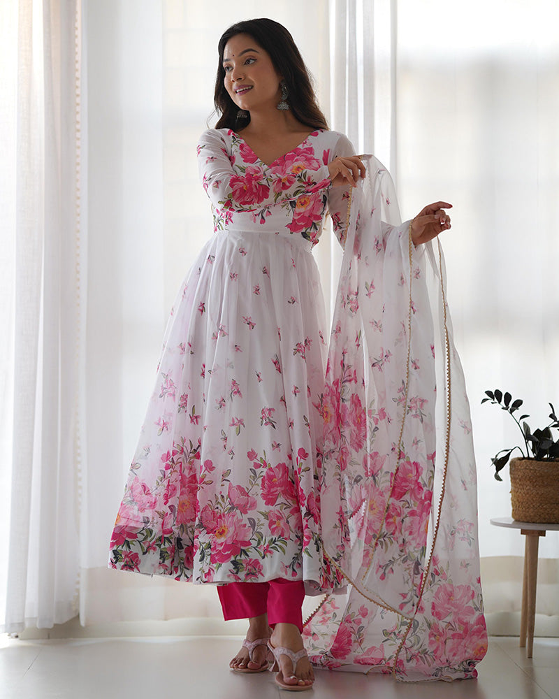WHITE ORGANZA SILK FLORAL PRINT ANARKALI SUIT SET OF 3