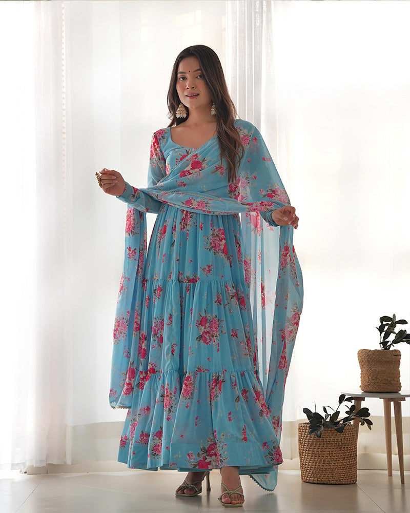 SKY BLUE COLOR GEORGETTE THREE LAYER RUFFLE STYLE ANARKALI SUIT SET OF 3