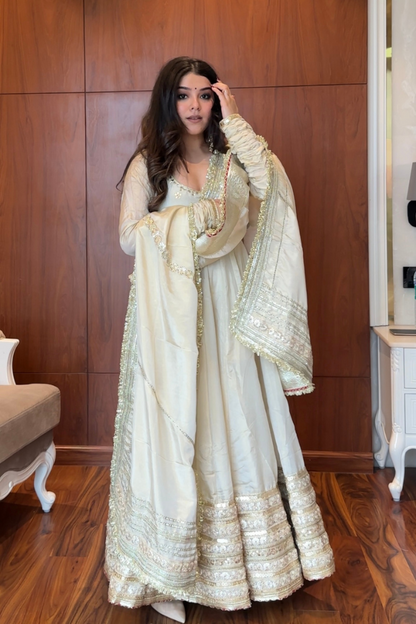 MOST TRENDING OFF WHITE COLOR EMBROIDERY SEQUENCE WORK ANARKALI GOWN