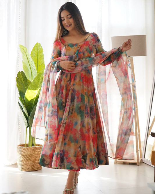RED MULTI COLOR PRINT ORGANZA ANARKALI SUIT SET OF 3