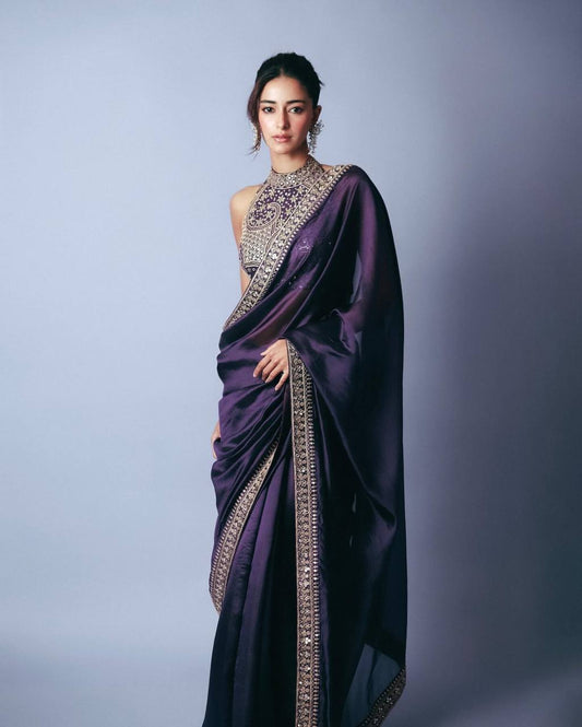 BOLLYWOOD CELEBRITY EMBROIDERED SEQUENCE SAREE WITH FANCY BLOUSE