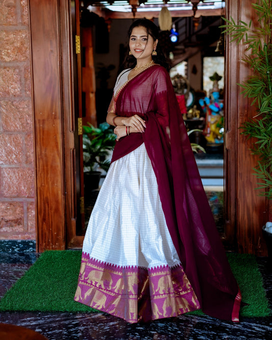 WHITE COLOR CHEX WITH ZARI WEAVING WORK POLY COTTON WEDDING LEHENGA CHOLI
