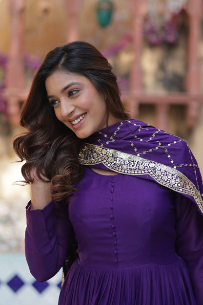 PURPLE COLOR STAR GEORGETTE GOWN WITH EMBROIDERED DUPATTA