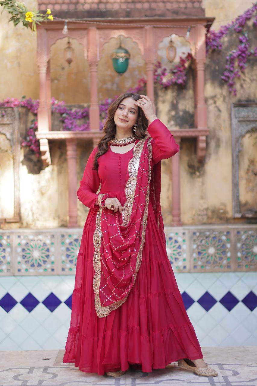 RANI PINK COLOR STAR GEORGETTE GOWN WITH EMBROIDERED DUPATTA