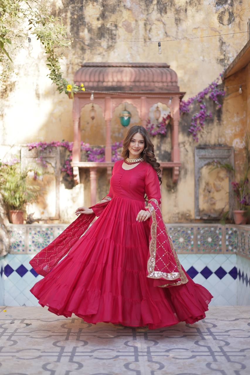 RANI PINK COLOR STAR GEORGETTE GOWN WITH EMBROIDERED DUPATTA
