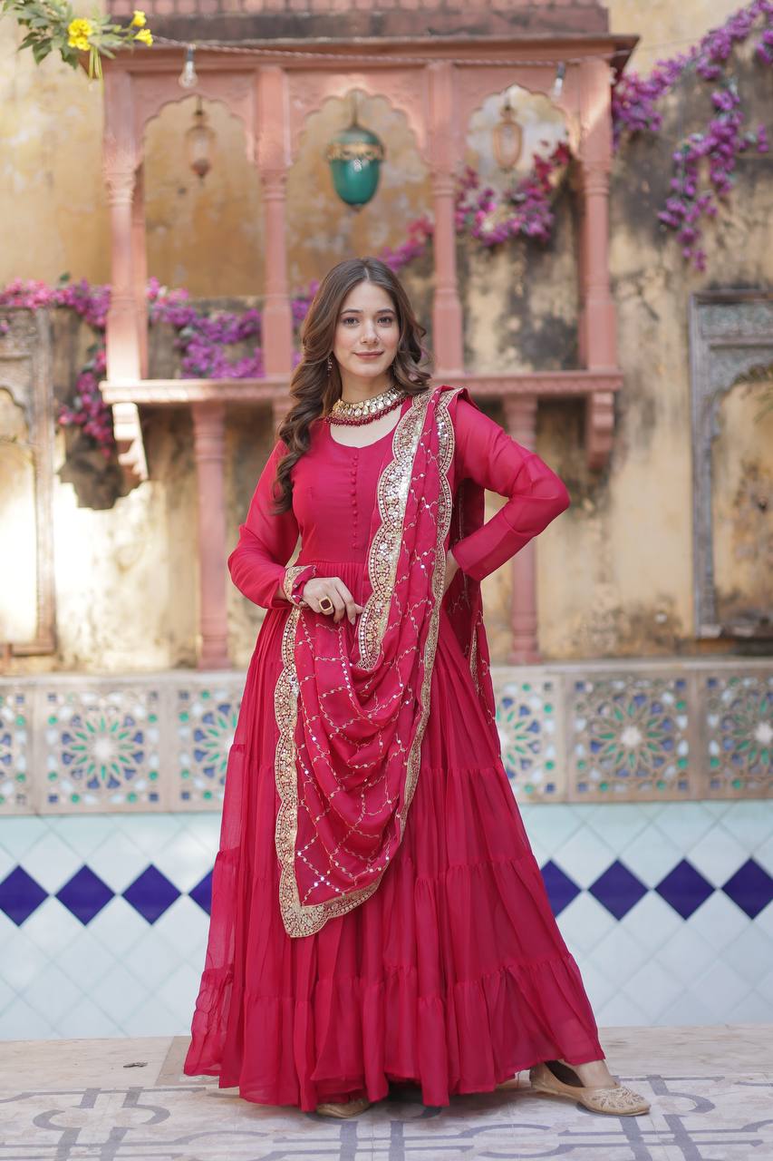 RANI PINK COLOR STAR GEORGETTE GOWN WITH EMBROIDERED DUPATTA