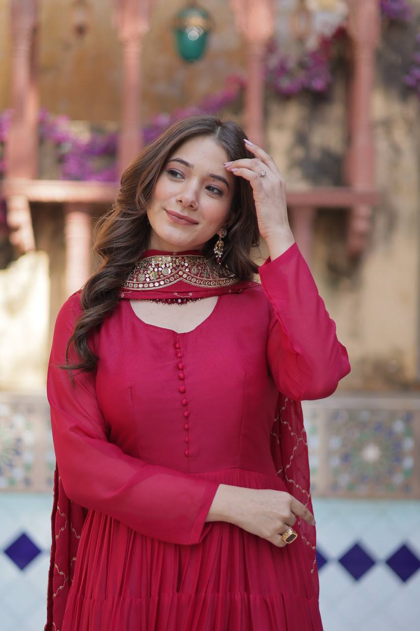 RANI PINK COLOR STAR GEORGETTE GOWN WITH EMBROIDERED DUPATTA