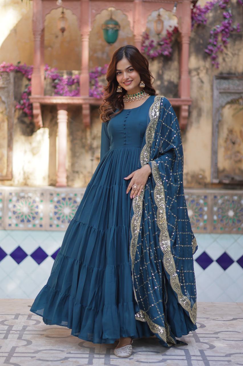 MORPEACH COLOR STAR GEORGETTE GOWN WITH EMBROIDERED DUPATTA