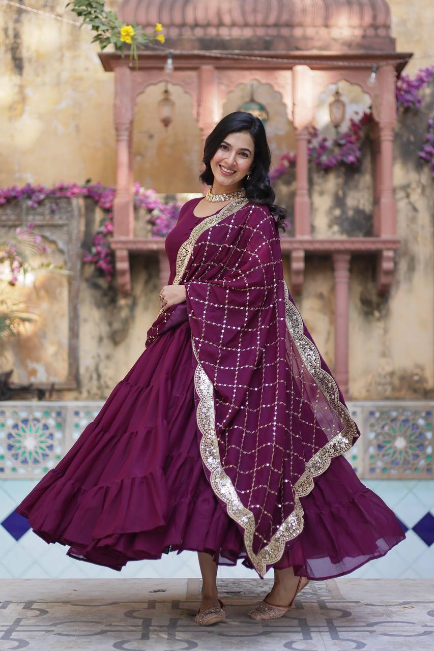 PLUM COLOR STAR GEORGETTE GOWN WITH EMBROIDERED DUPATTA