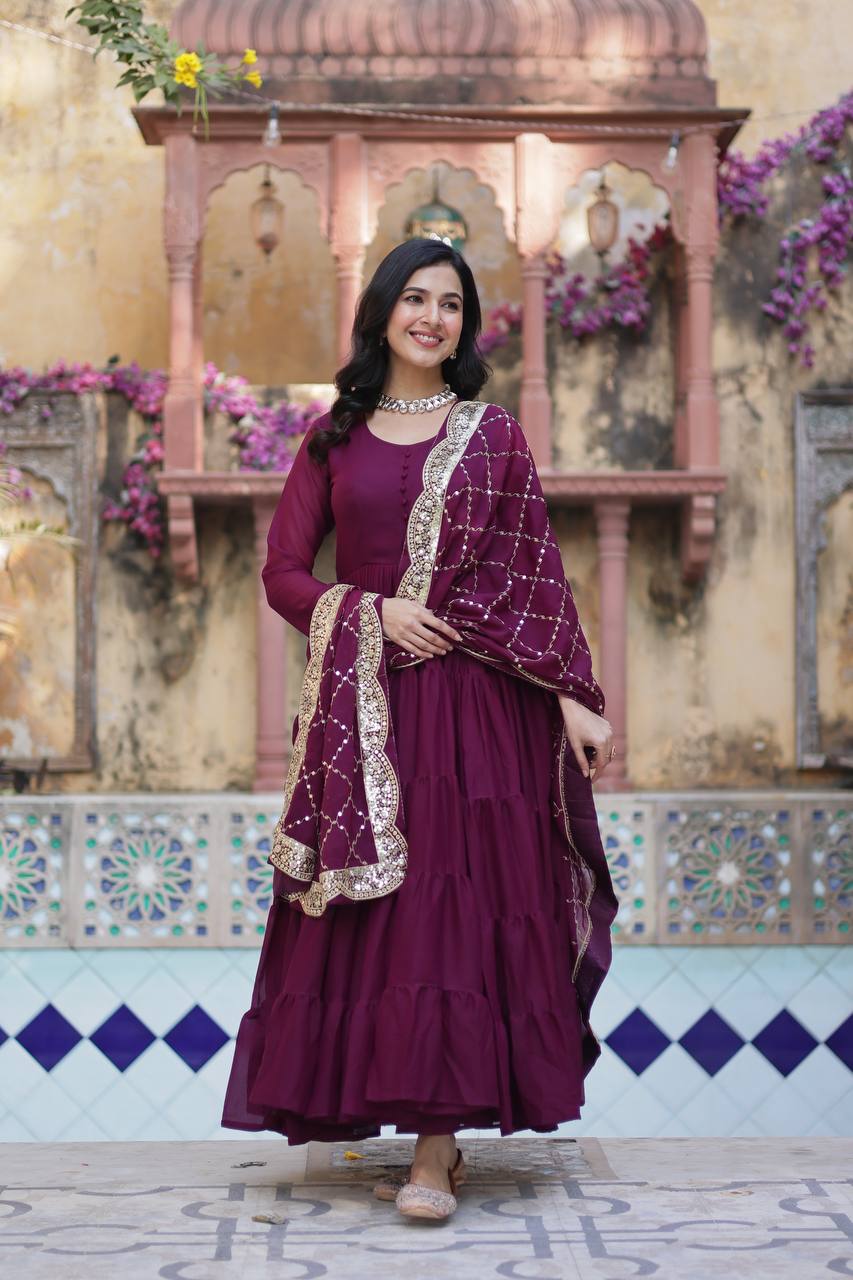 PLUM COLOR STAR GEORGETTE GOWN WITH EMBROIDERED DUPATTA