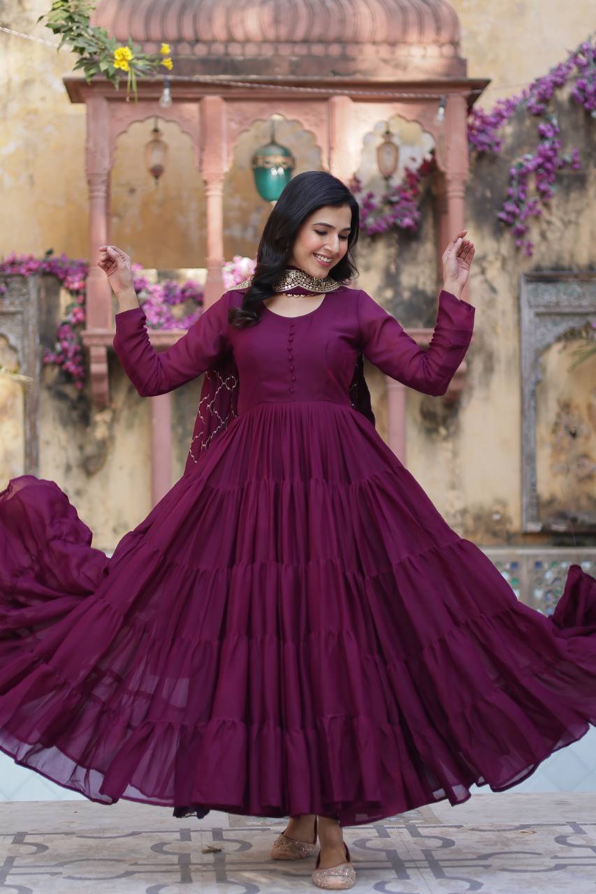 PLUM COLOR STAR GEORGETTE GOWN WITH EMBROIDERED DUPATTA