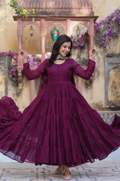 PLUM COLOR STAR GEORGETTE GOWN WITH EMBROIDERED DUPATTA
