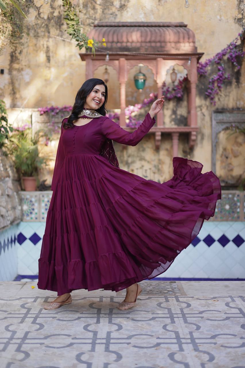 PLUM COLOR STAR GEORGETTE GOWN WITH EMBROIDERED DUPATTA