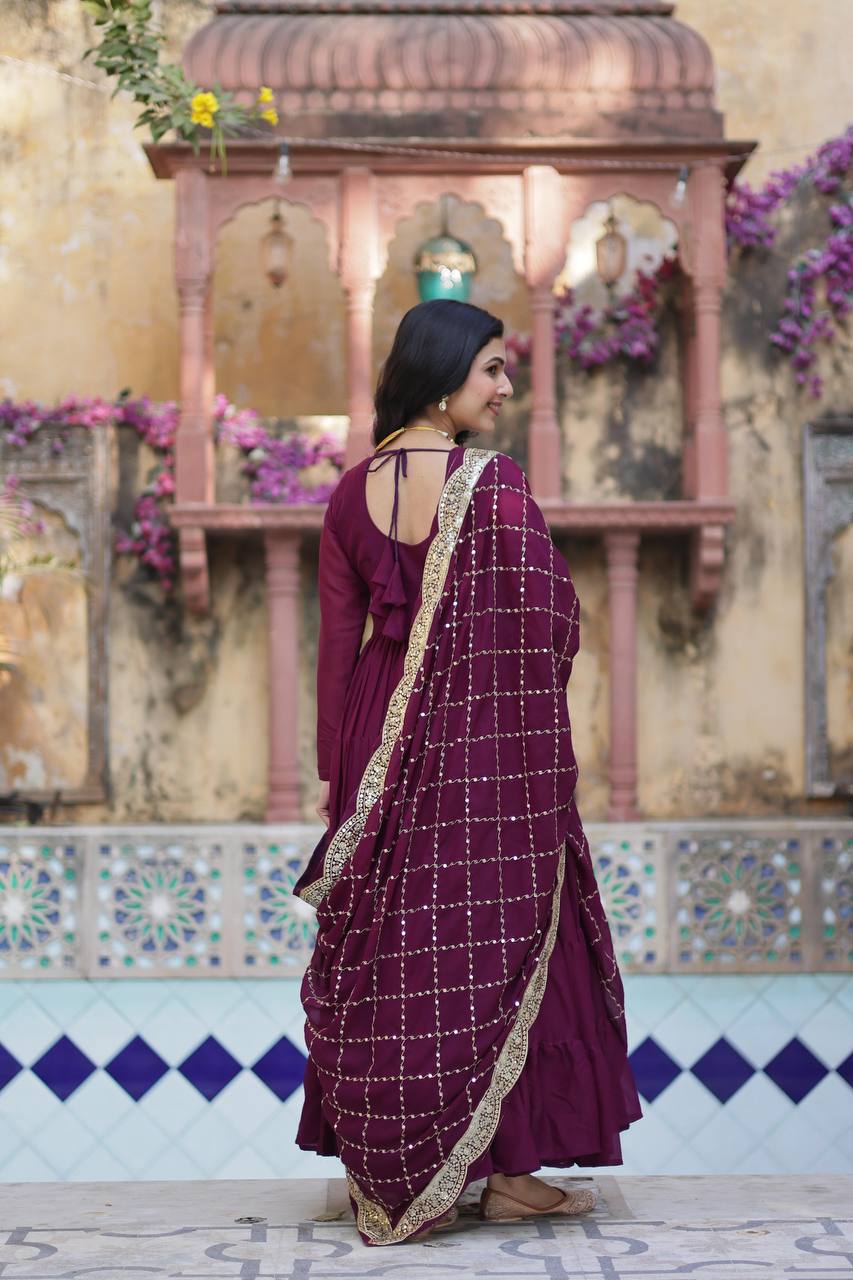 PLUM COLOR STAR GEORGETTE GOWN WITH EMBROIDERED DUPATTA