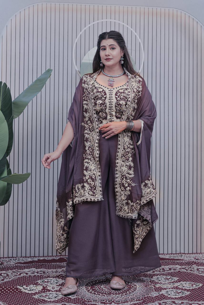 PANSY PETAL PURPLE GEORGETTE WEDDING WEAR PLAZZO TOP WITH SHRUG