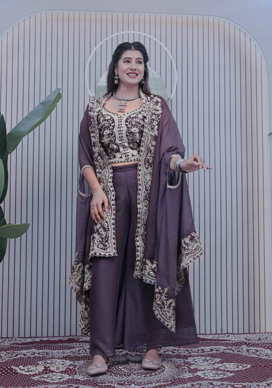 PANSY PETAL PURPLE GEORGETTE WEDDING WEAR PLAZZO TOP WITH SHRUG