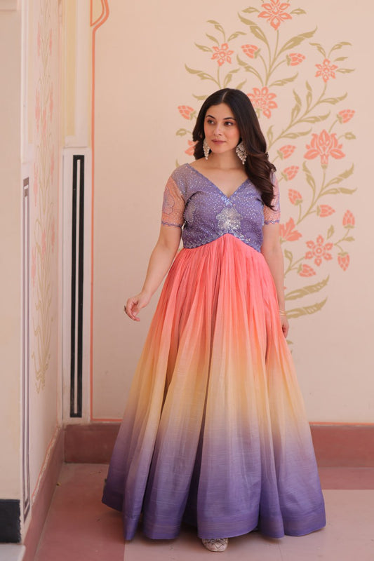 LAVENDER PINK COLOR GOLD CRUSH EMBROIDERED WORK GOWN