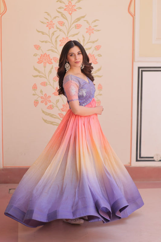 LAVENDER PINK COLOR GOLD CRUSH EMBROIDERED WORK GOWN