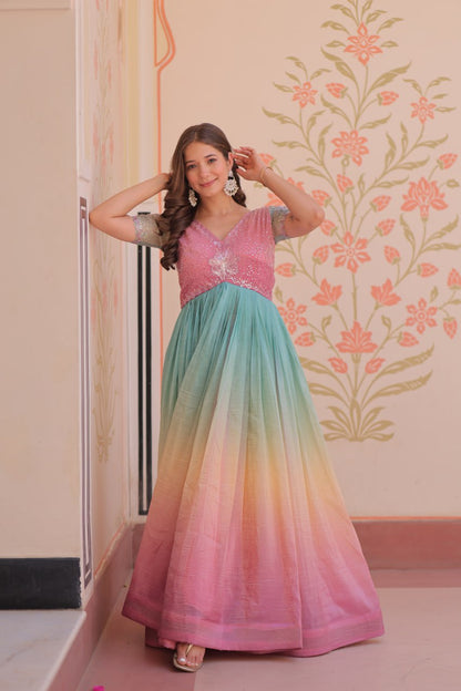 PUCE PINK COLOR GOLD CRUSH EMBROIDERED WORK GOWN