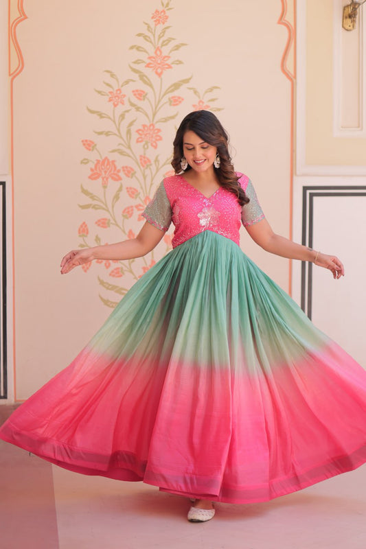 PINK COLOR GOLD CRUSH EMBROIDERED WORK GOWN