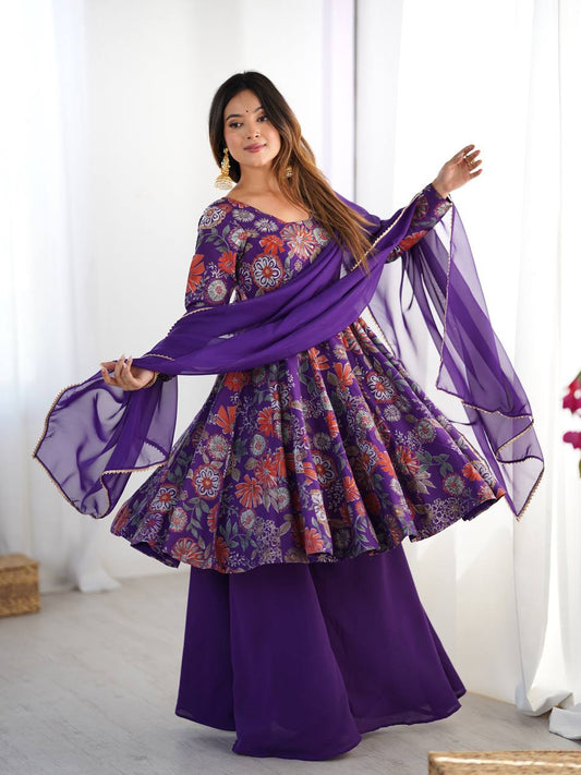 PURPLE COLOR ROMAN SILK BASE PRINTED PLAZZO SUIT SET OF 3