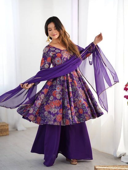 PURPLE COLOR ROMAN SILK BASE PRINTED PLAZZO SUIT SET OF 3