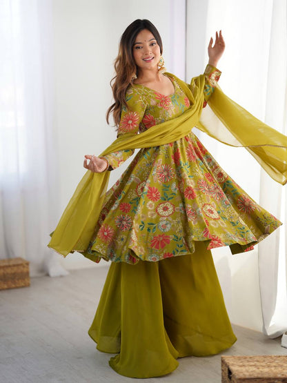 MEHENDI COLOR ROMAN SILK BASE PRINTED PLAZZO SUIT SET OF 3