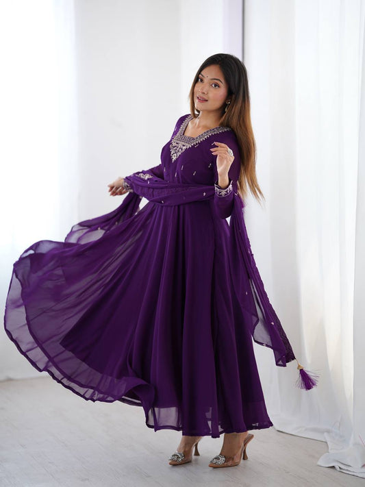 PURPLE COLOR GEORGETTE EMBROIDERED ANARKALI SUIT SET OF 3