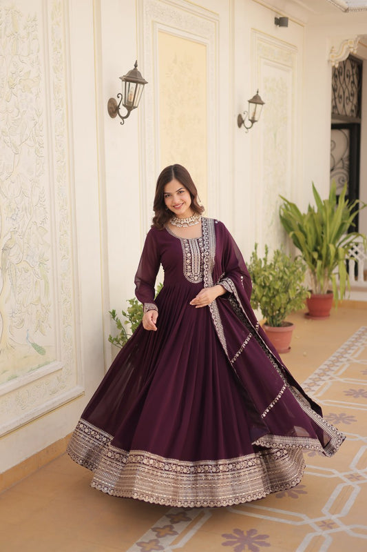 WINE COLOR FAUX BLOOMING RICH SEQUENCE EMBROIDERED GOWN