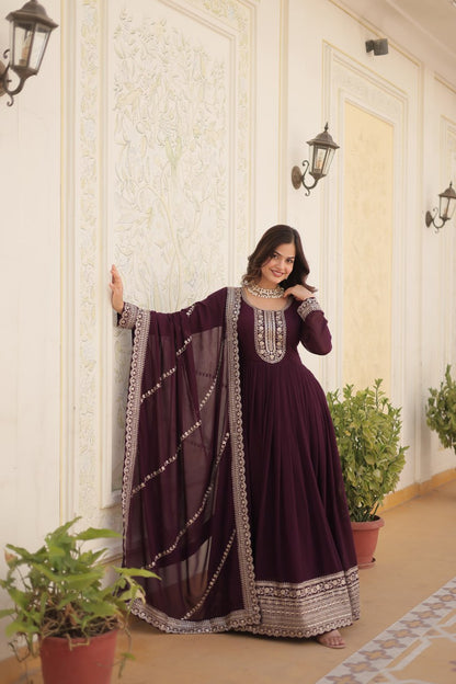 WINE COLOR FAUX BLOOMING RICH SEQUENCE EMBROIDERED GOWN
