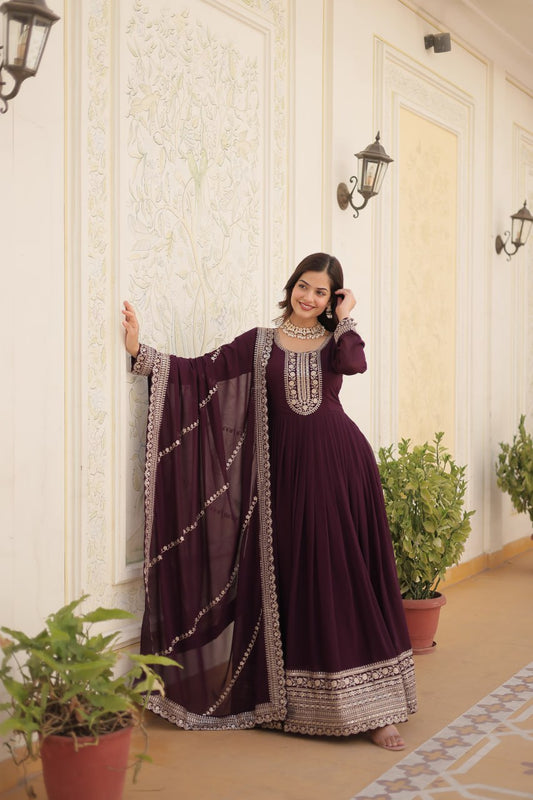 WINE COLOR FAUX BLOOMING RICH SEQUENCE EMBROIDERED GOWN