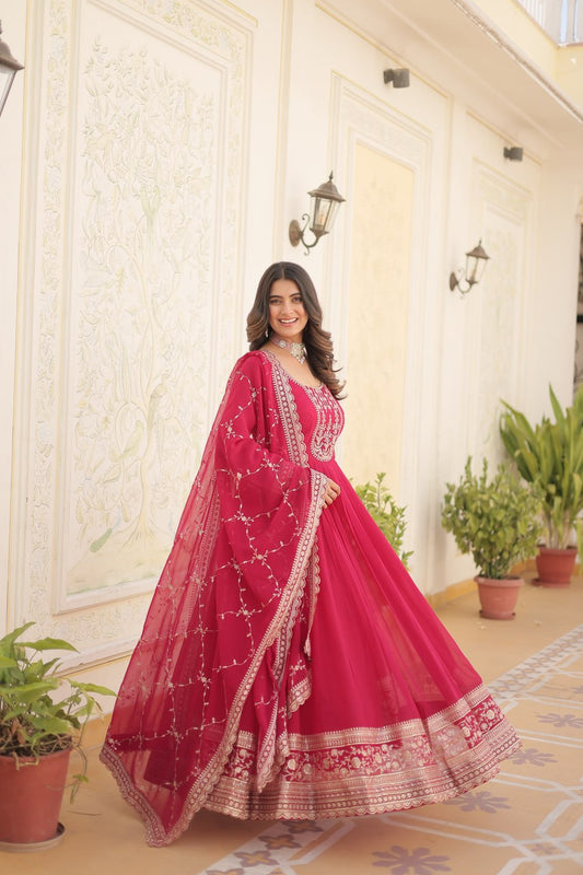 PINK COLOR FAUX BLOOMING RICH SEQUENCE EMBROIDERED GOWN
