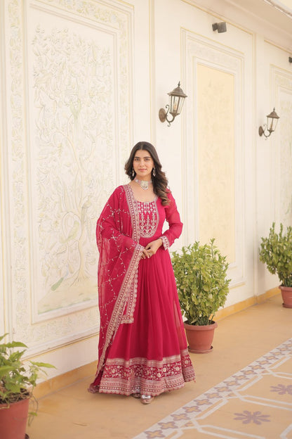 PINK COLOR FAUX BLOOMING RICH SEQUENCE EMBROIDERED GOWN