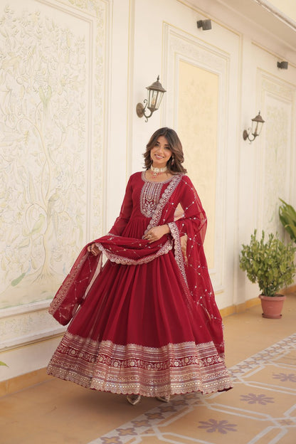 MAROON COLOR FAUX BLOOMING RICH SEQUENCE EMBROIDERED GOWN