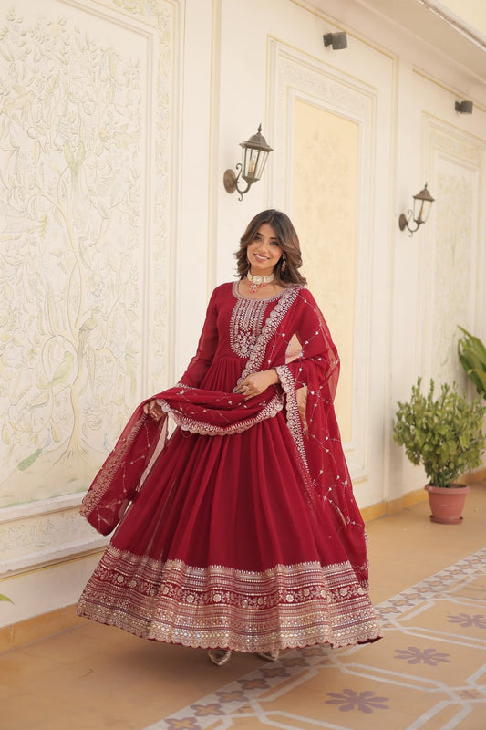 MAROON COLOR FAUX BLOOMING RICH SEQUENCE EMBROIDERED GOWN