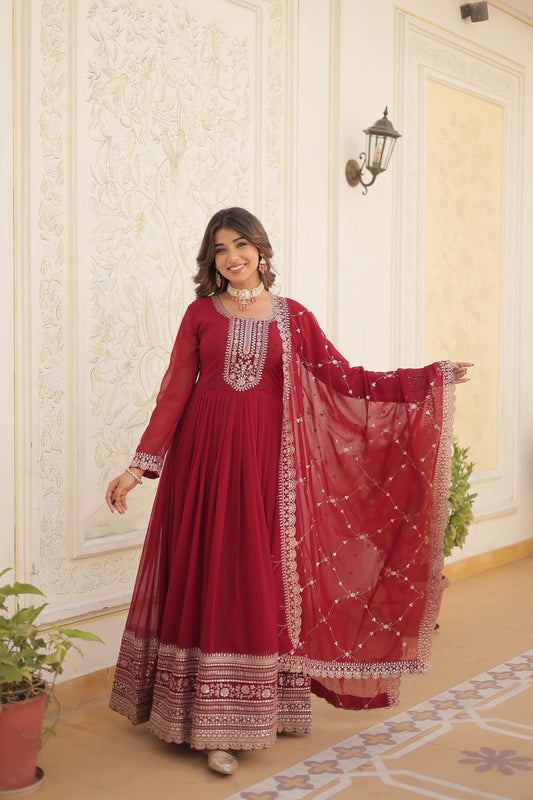 MAROON COLOR FAUX BLOOMING RICH SEQUENCE EMBROIDERED GOWN