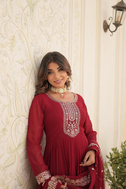 MAROON COLOR FAUX BLOOMING RICH SEQUENCE EMBROIDERED GOWN