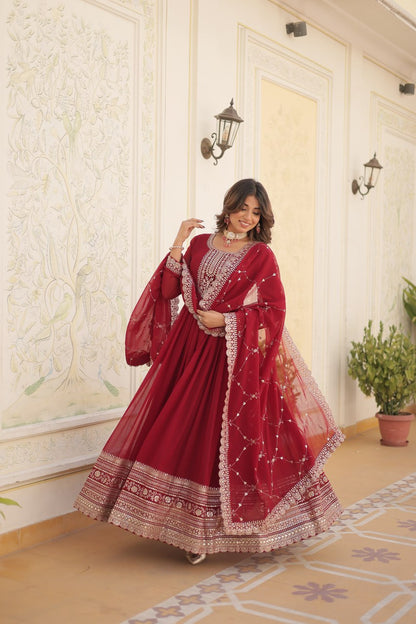 MAROON COLOR FAUX BLOOMING RICH SEQUENCE EMBROIDERED GOWN