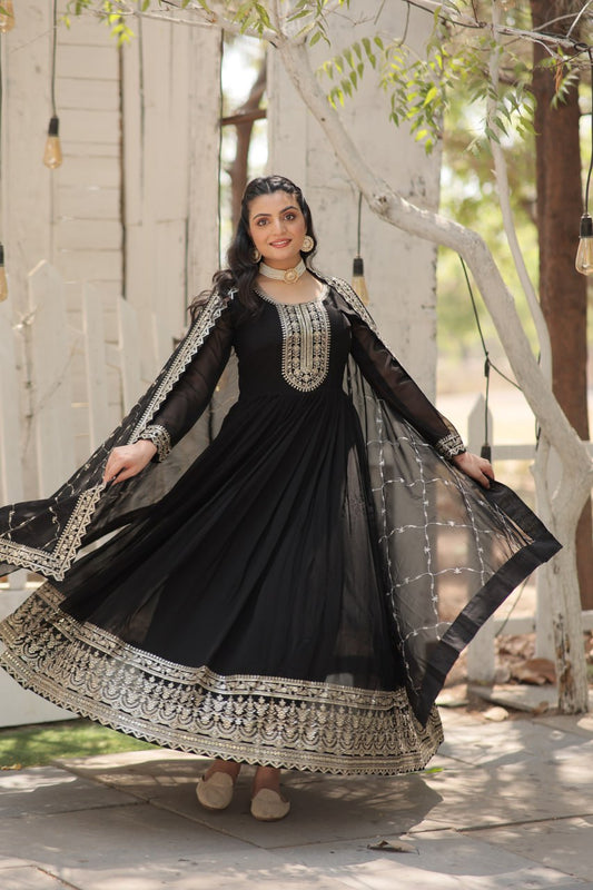 BLACK COLOR FAUX BLOOMING RICH SEQUENCE EMBROIDERED GOWN