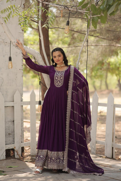 PURPLE COLOR FAUX BLOOMING RICH SEQUENCE EMBROIDERED GOWN