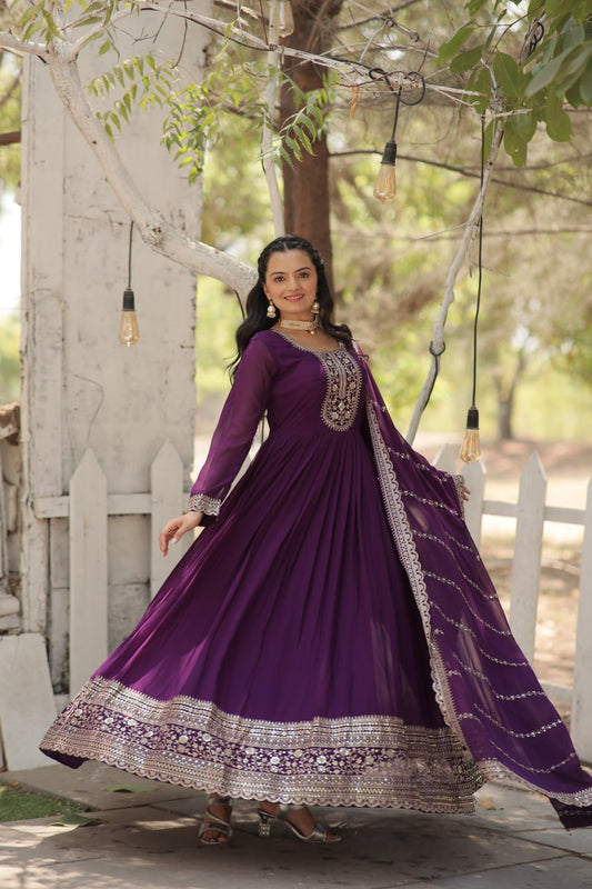 PURPLE COLOR FAUX BLOOMING RICH SEQUENCE EMBROIDERED GOWN